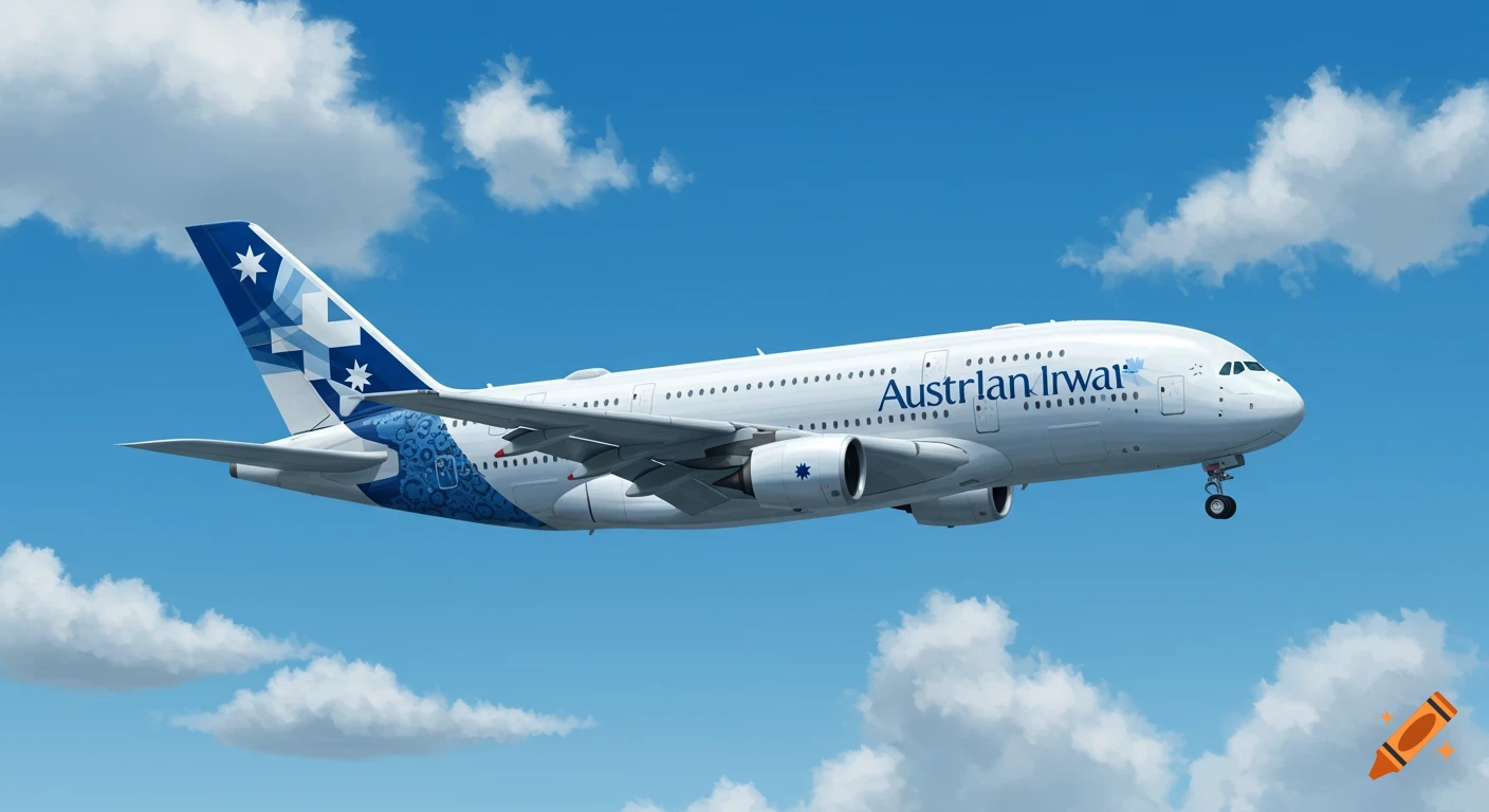 An Airbus A380 airplane with Australian-style livery flying in a blue sky with clouds.