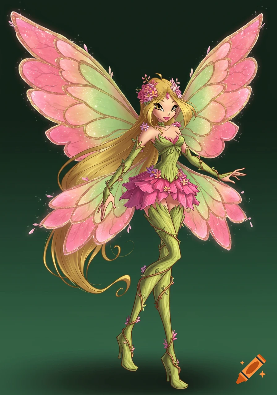 A cartoon fantasy fairy with pink and green glowing wings and a dress made of vines and flowers.
