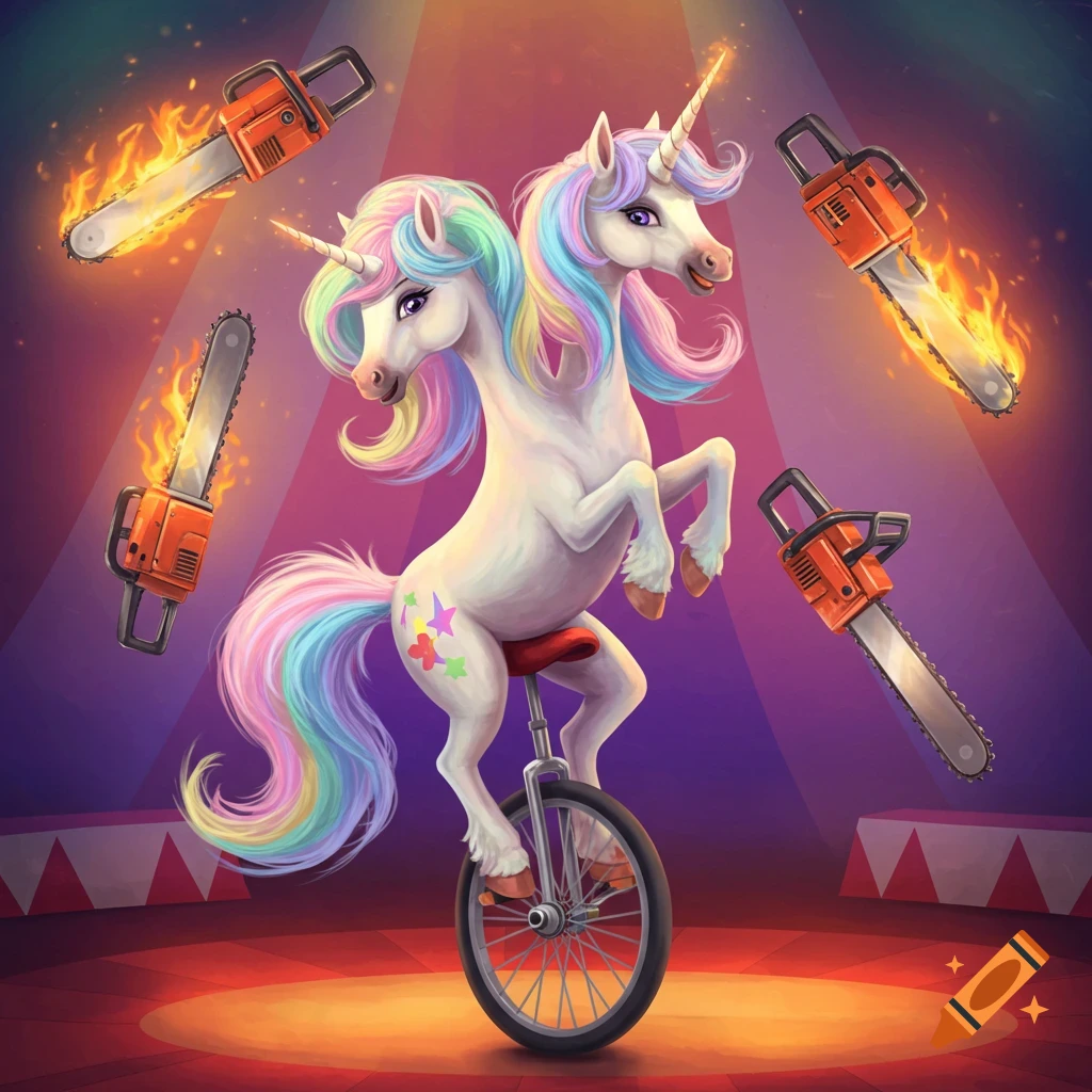Two-headed unicorn rides a unicycle while juggling flaming chainsaws in a circus illustration.