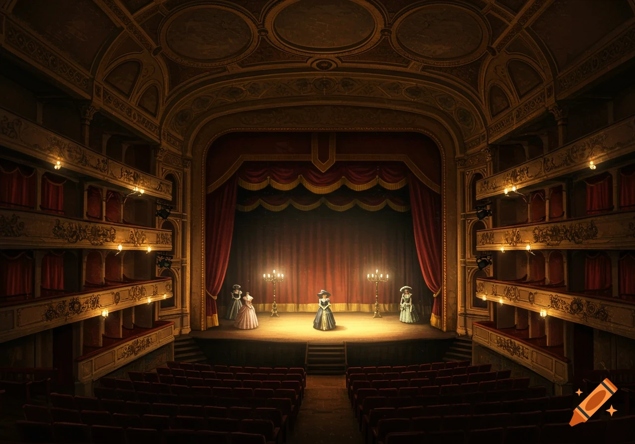 Interior view of an old theatre with three figures in historical dresses on the stage
