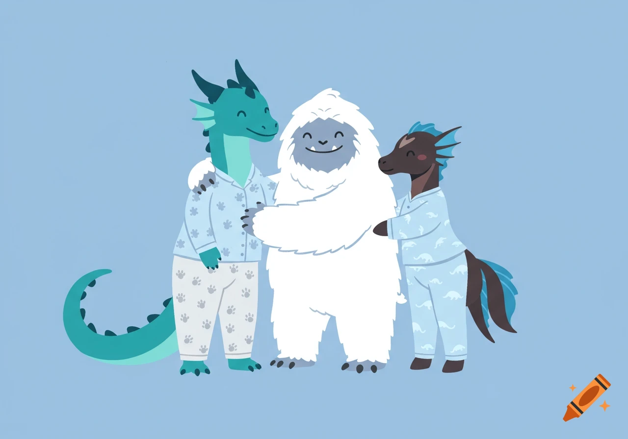 Minimalistic vector illustration of a dragon, yeti, and kelpie in pajamas hugging.