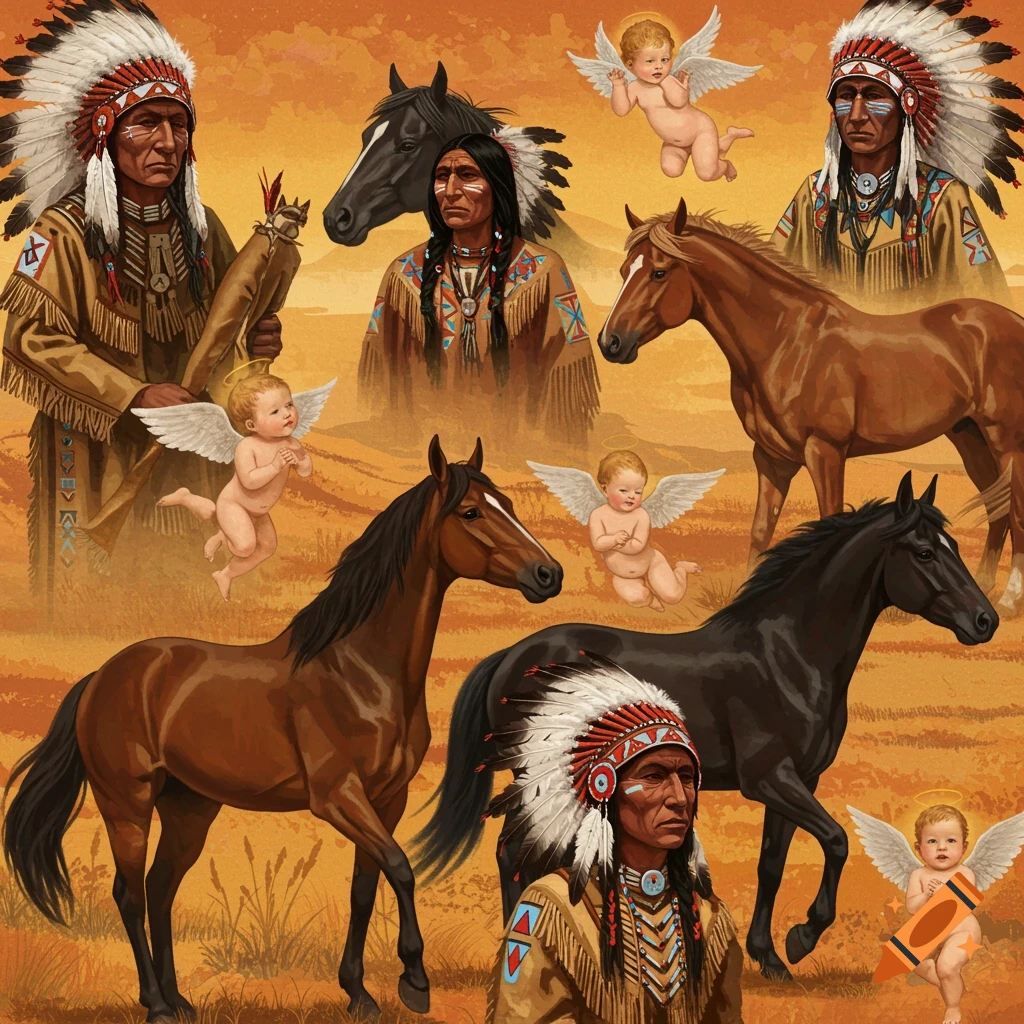 Illustration of Native Americans, horses, and cherubs in a landscape.