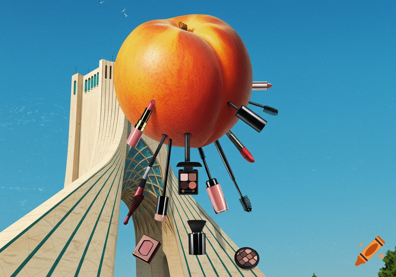 A peach with makeup items hanging from it floats above the Azadi Tower.