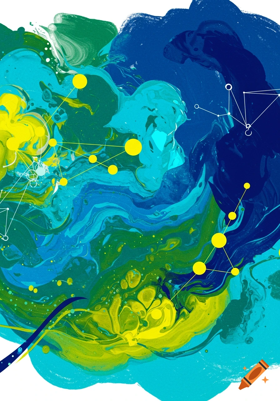 Abstract fluid art in blue, green, and yellow with yellow dots and connecting lines.