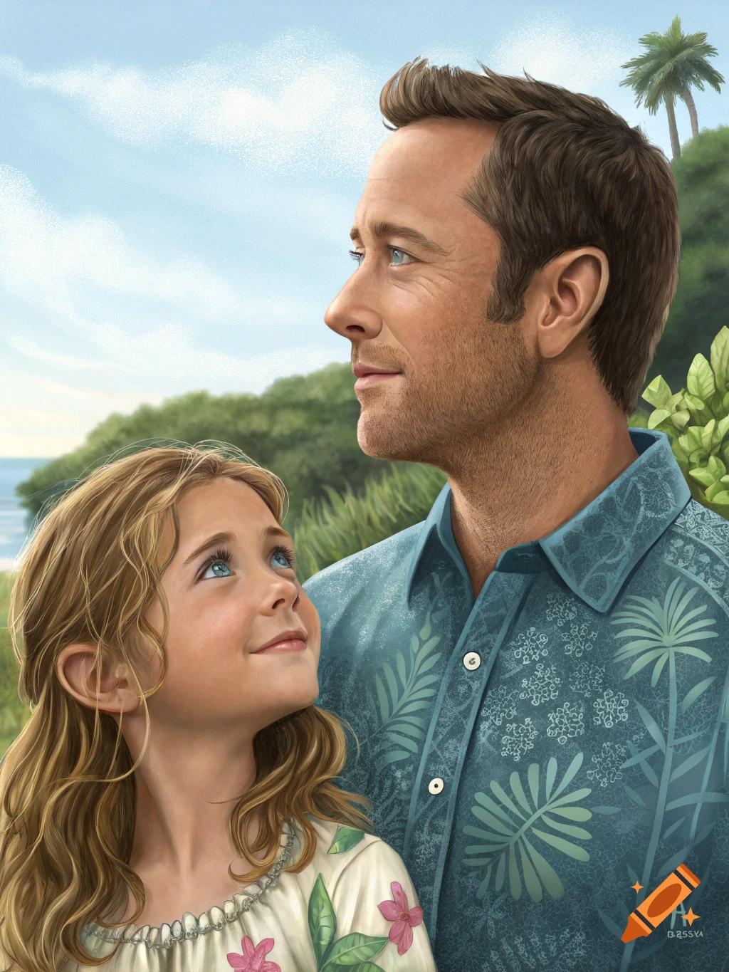 Realistic illustration of a man and a young girl looking up outdoors.