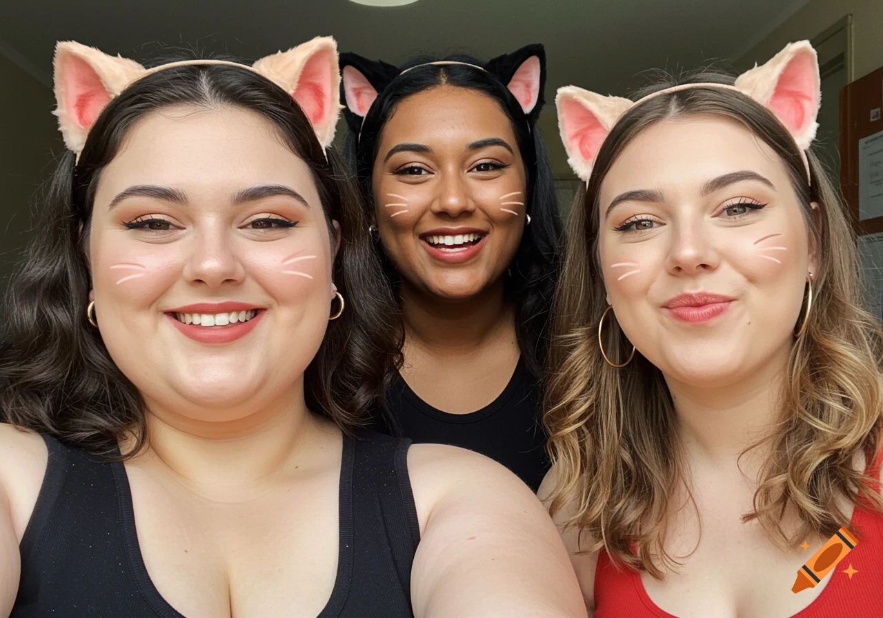 Three women pose for a selfie wearing cat ear headbands and painted whiskers