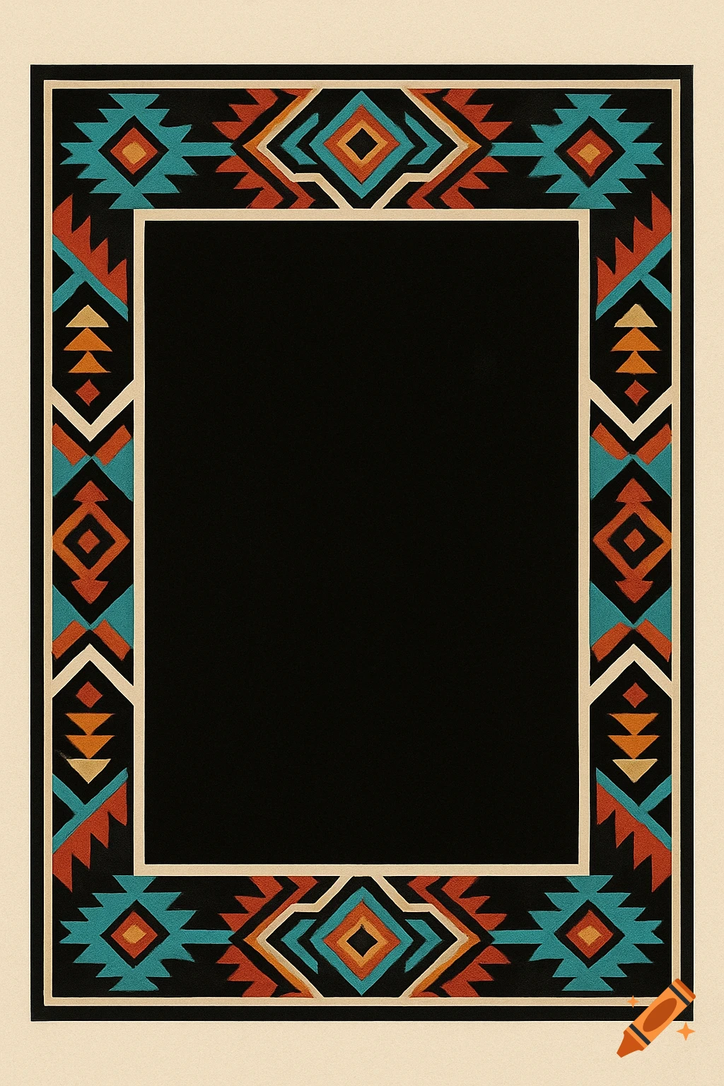 A black rectangle centered in a frame with a colorful geometric pattern in turquoise, red, orange, and black.