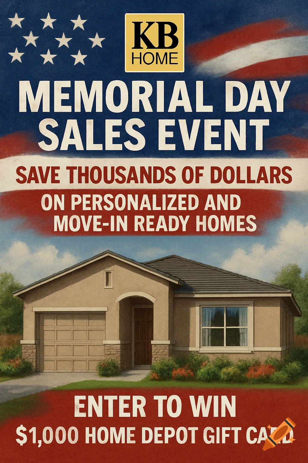 Memorial Day Sales Event poster for KB Home featuring text, a house, and an American flag background.