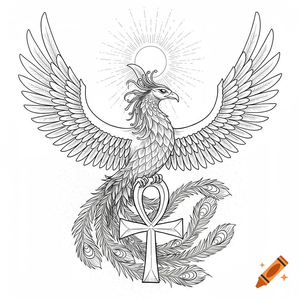 Line drawing of a phoenix perched on an ankh with wings spread and a sunburst behind it.