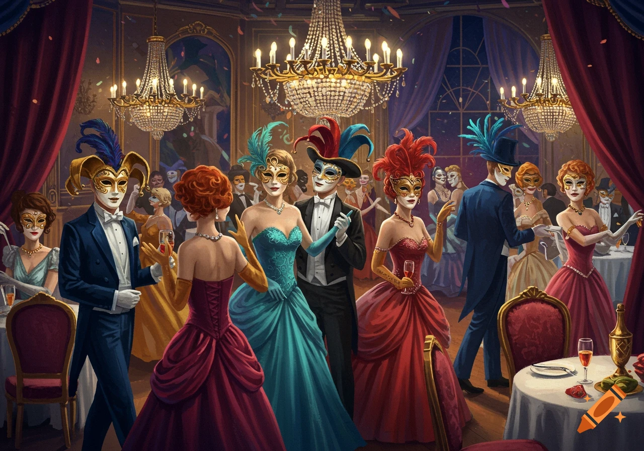 People in ornate masks and formal attire at a grand masquerade ball under chandeliers.