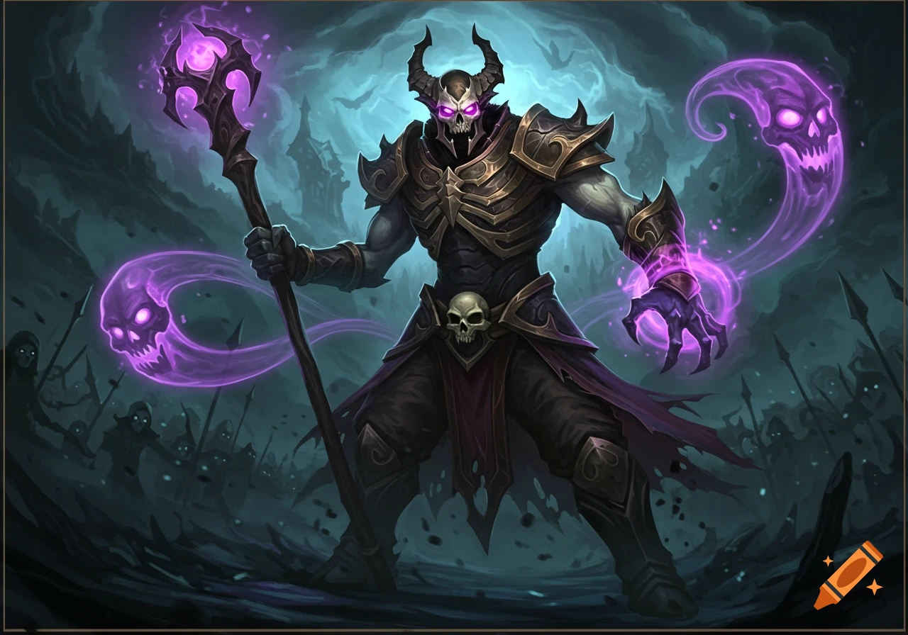 A horned skeletal warrior in dark armor with glowing purple eyes and magic, holding a staff, stands before a shadowy army.