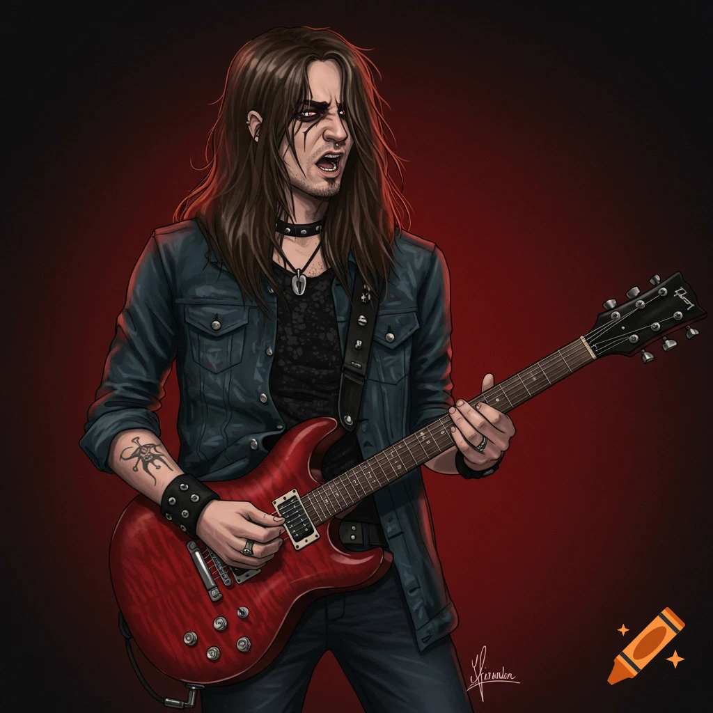 Illustration of a long-haired rock guitarist playing a red electric guitar.