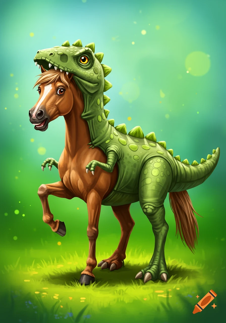 Cartoon horse wearing a green T-Rex dinosaur costume on a grassy hill.