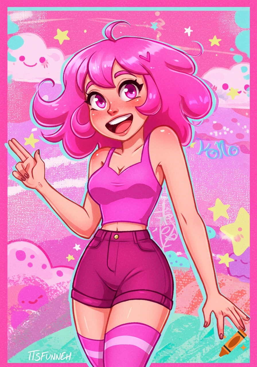 Cartoon illustration of a pink-haired girl giving a peace sign against a pink, starry background.