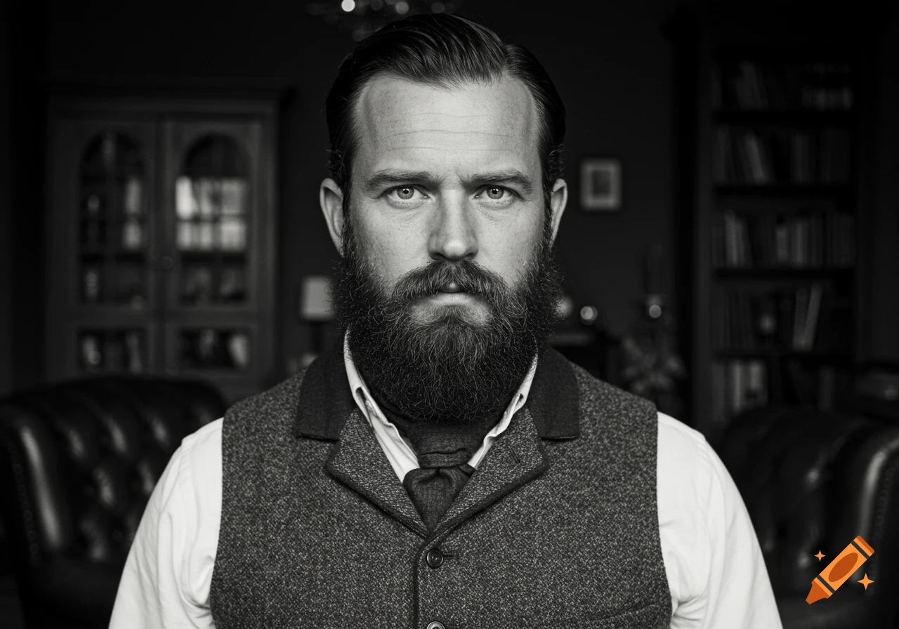 A black and white portrait of a bearded man in a tweed vest and cravat.