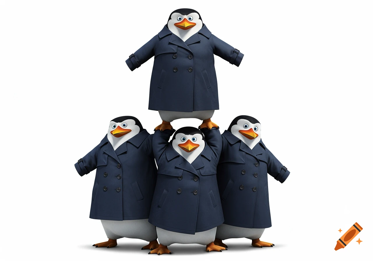 Penguins of Madagascar characters forming a pyramid, wearing trench coats
