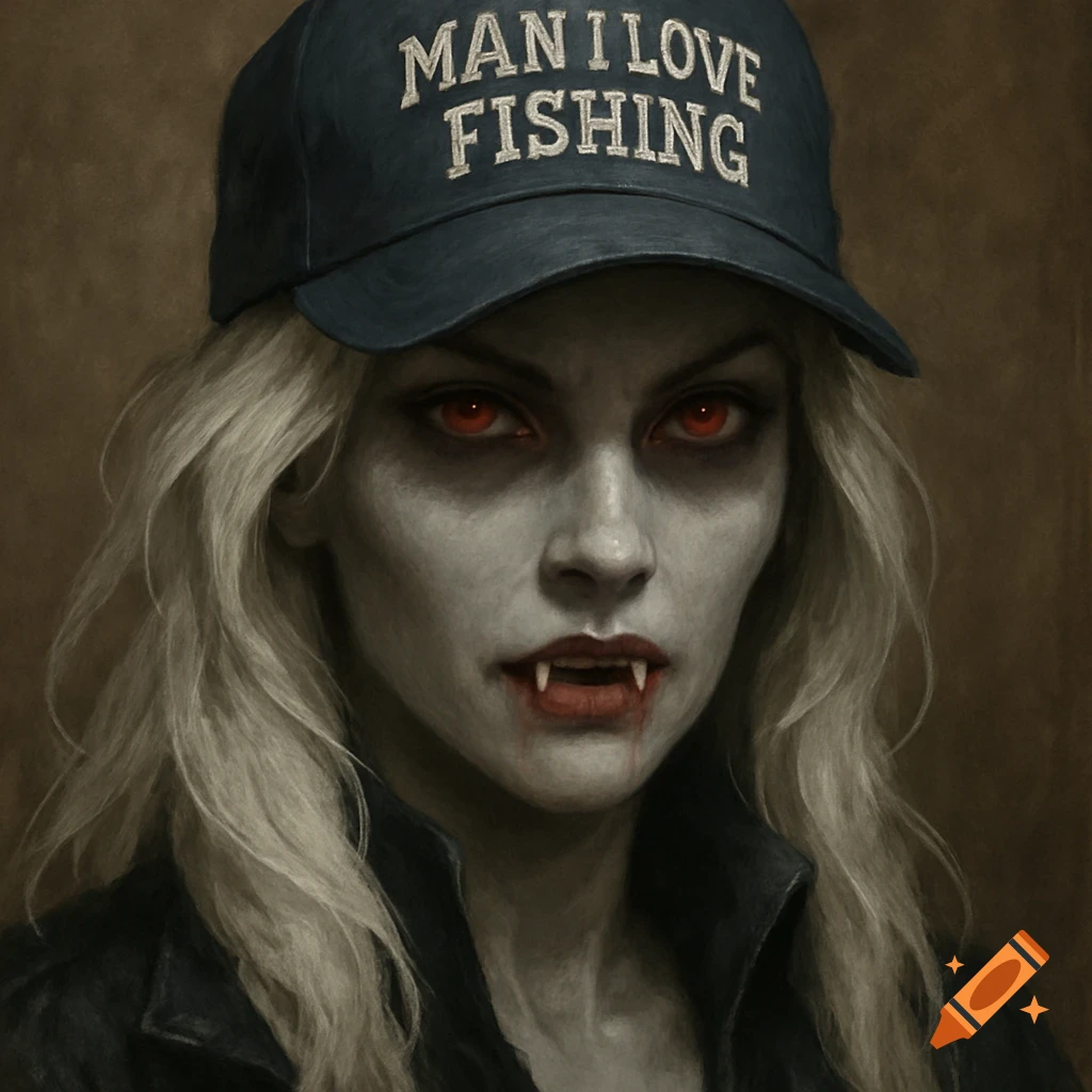 A vampire woman with red eyes and fangs wears a baseball cap that says 'MAN I LOVE FISHING'.
