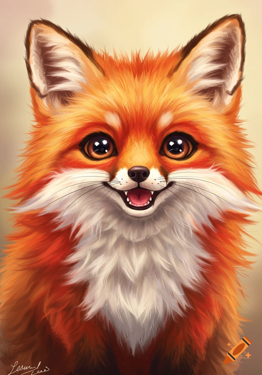 Close-up digital painting of a cute orange fox smiling.