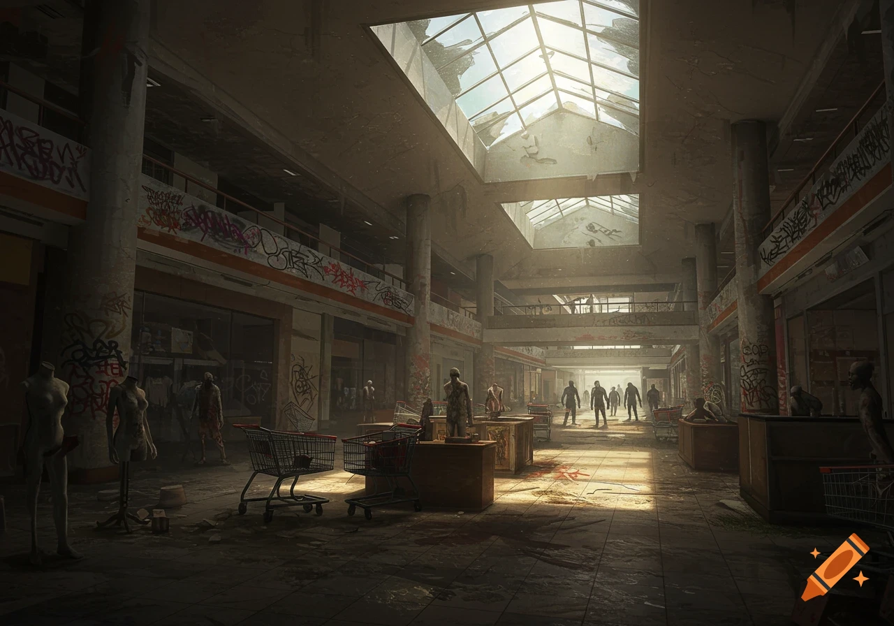 Illustration of an abandoned shopping mall overrun by zombies.