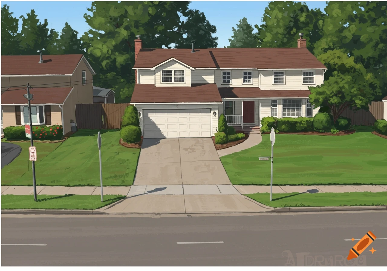 An illustration of a suburban house with a street and front yard.