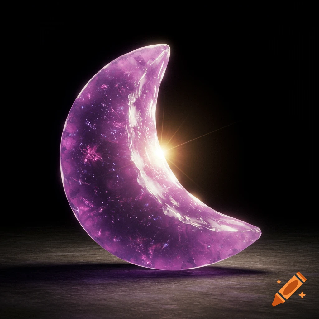 A purple crescent crystal glowing brightly on a dark surface.