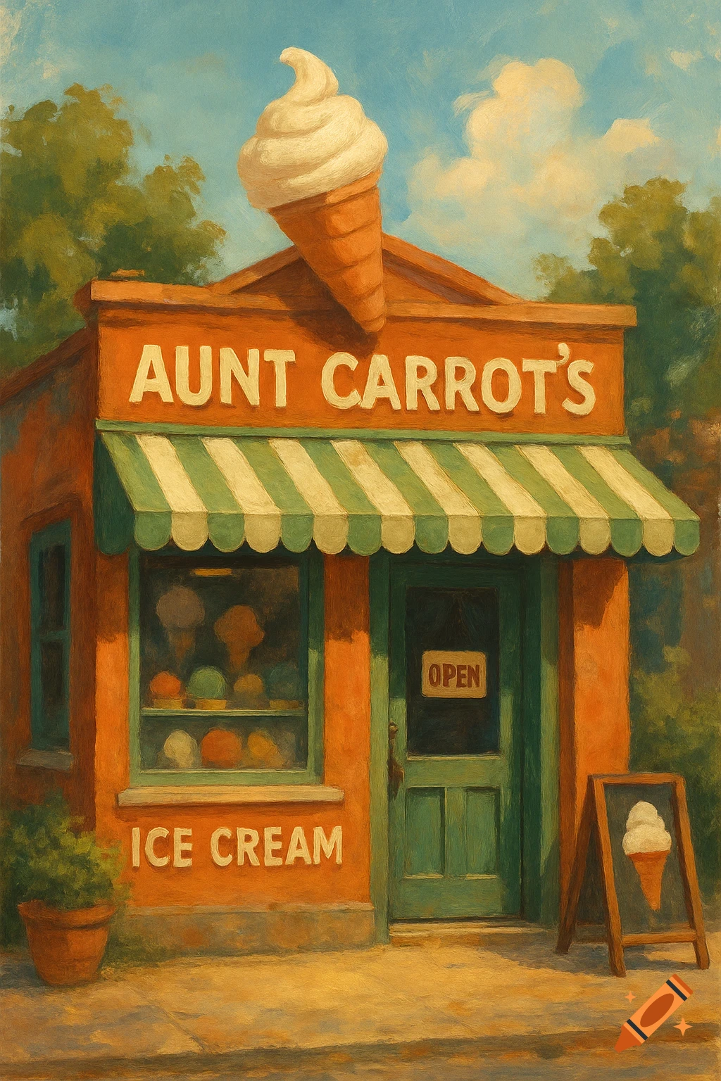 A painted image of an ice cream shop called Aunt Carrot's.