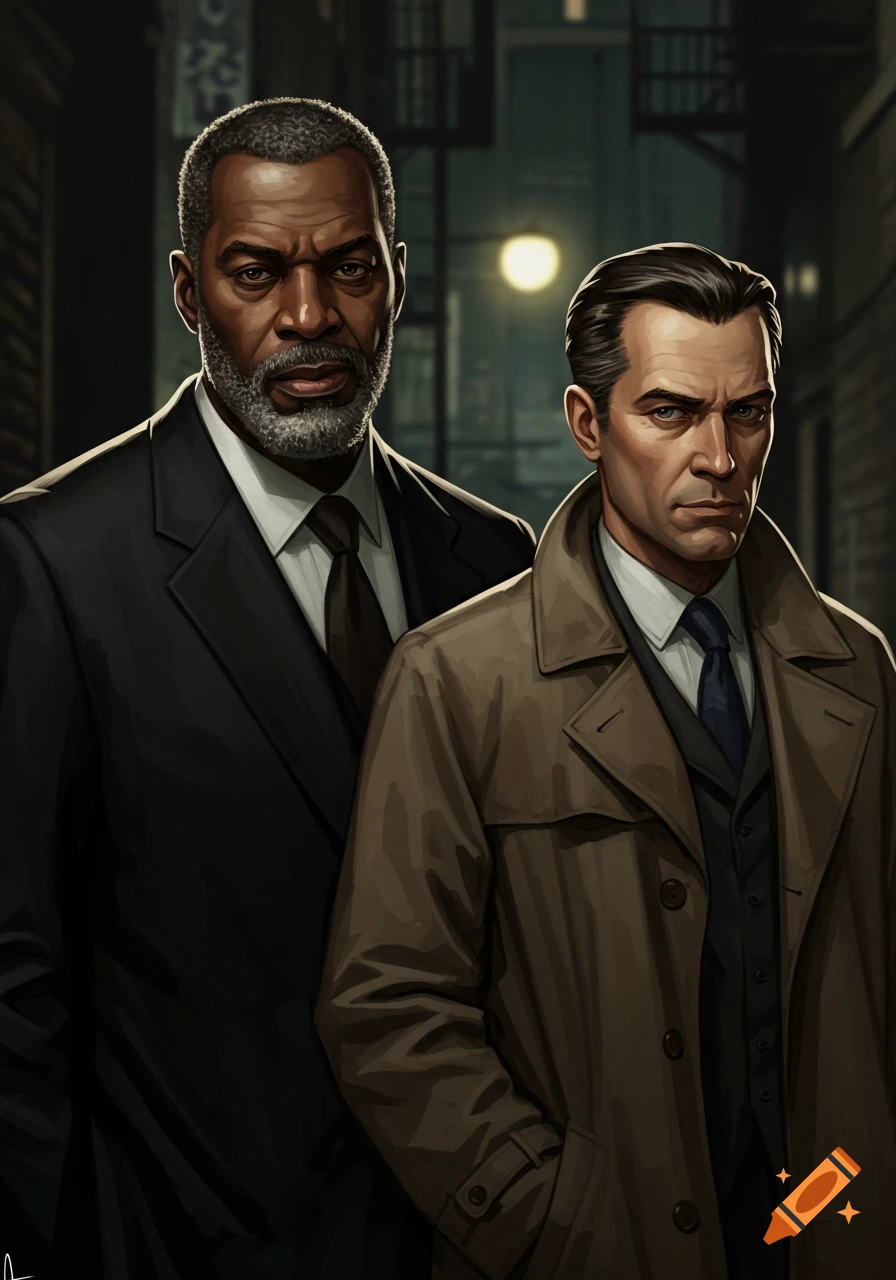 Illustration of two detectives in a dark alley at night.