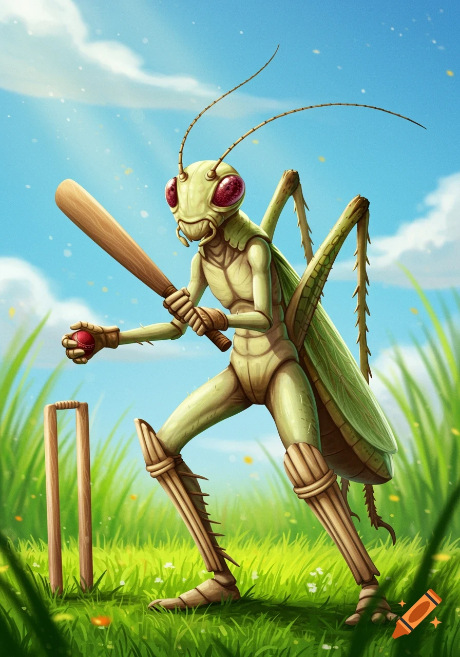 A humanoid grasshopper plays cricket in a sunny field