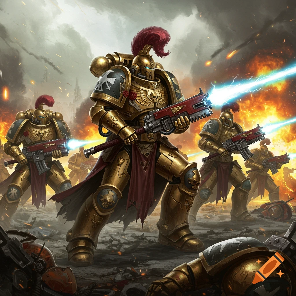 Golden armored soldiers in power armor fight with guns in a smoky battle