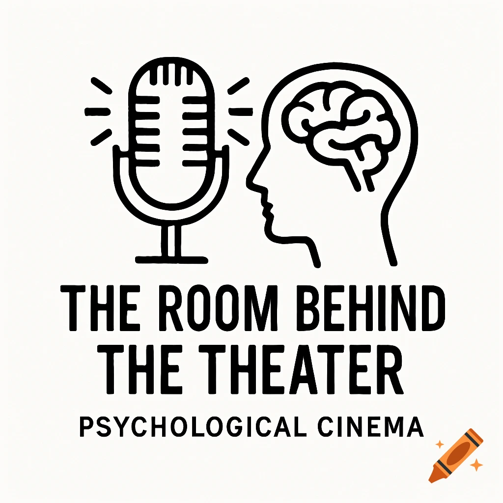 Black line art logo for The Room Behind The Theater podcast, showing a microphone and a head with a brain.