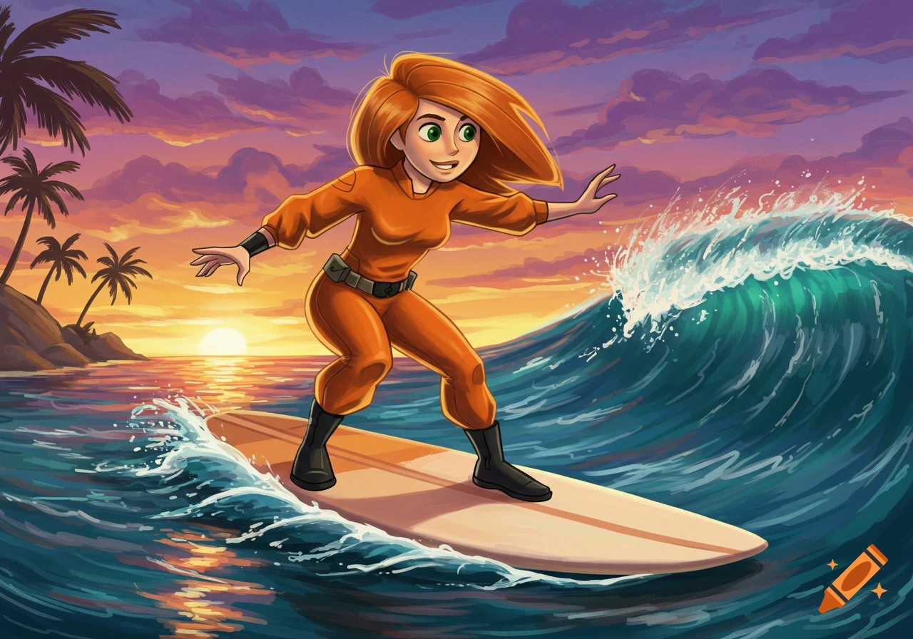 Cartoon illustration of Kim Possible surfing a large wave at sunset near a tropical island.