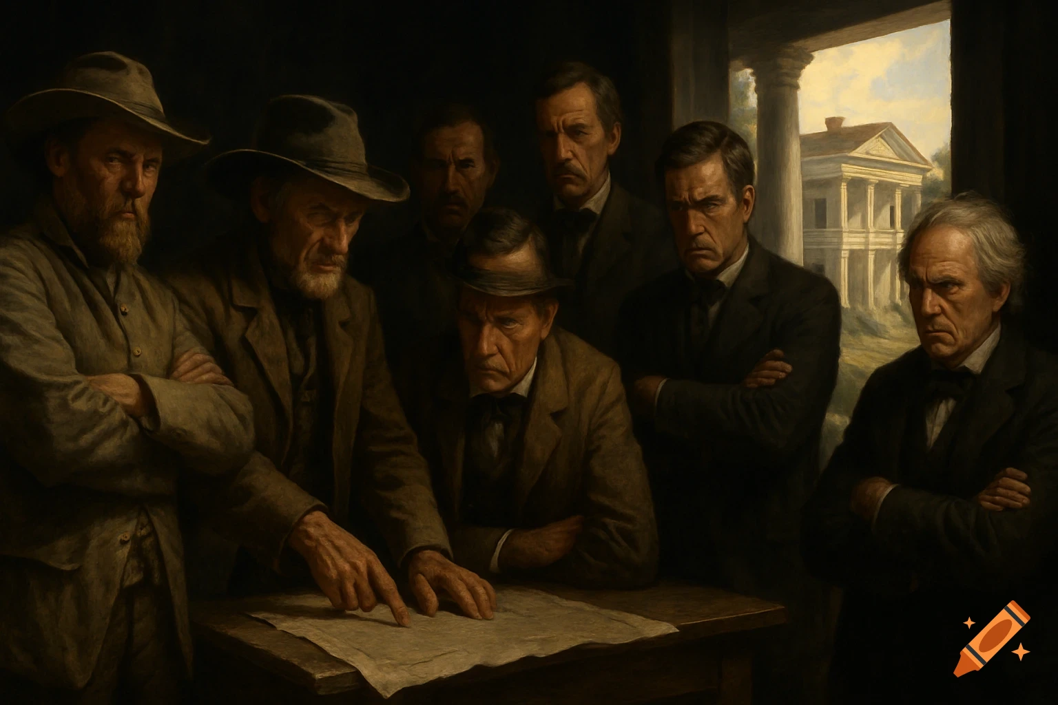 Painting of a group of stern men in historical clothing gathered around a document in a shadowy room.