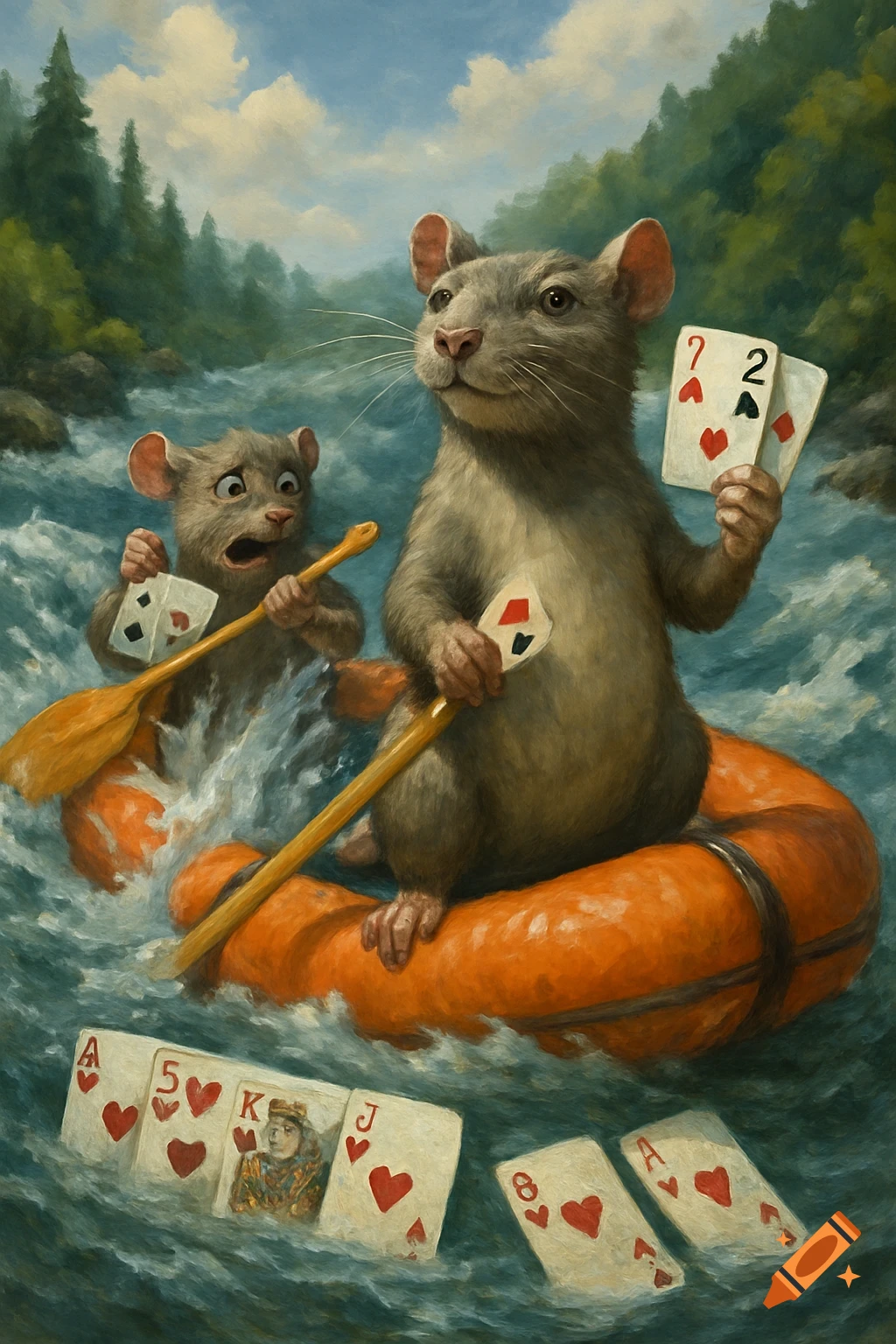 Illustration of two rats white water rafting and playing poker with cards floating in the water.