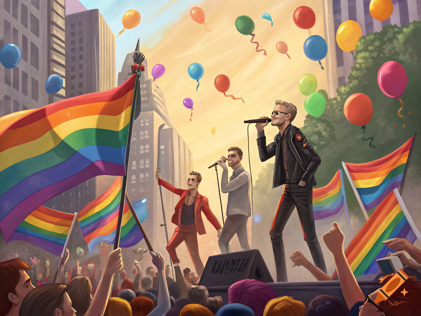 Illustration of musicians performing on a stage at a Pride parade in a city, with rainbow flags, balloons, and a crowd.