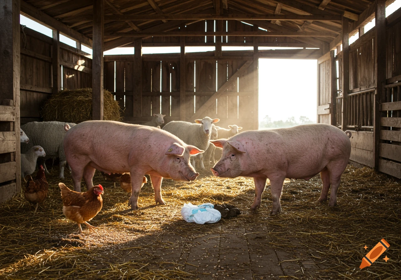Two pigs, sheep, and chickens are in a sunlit barn.