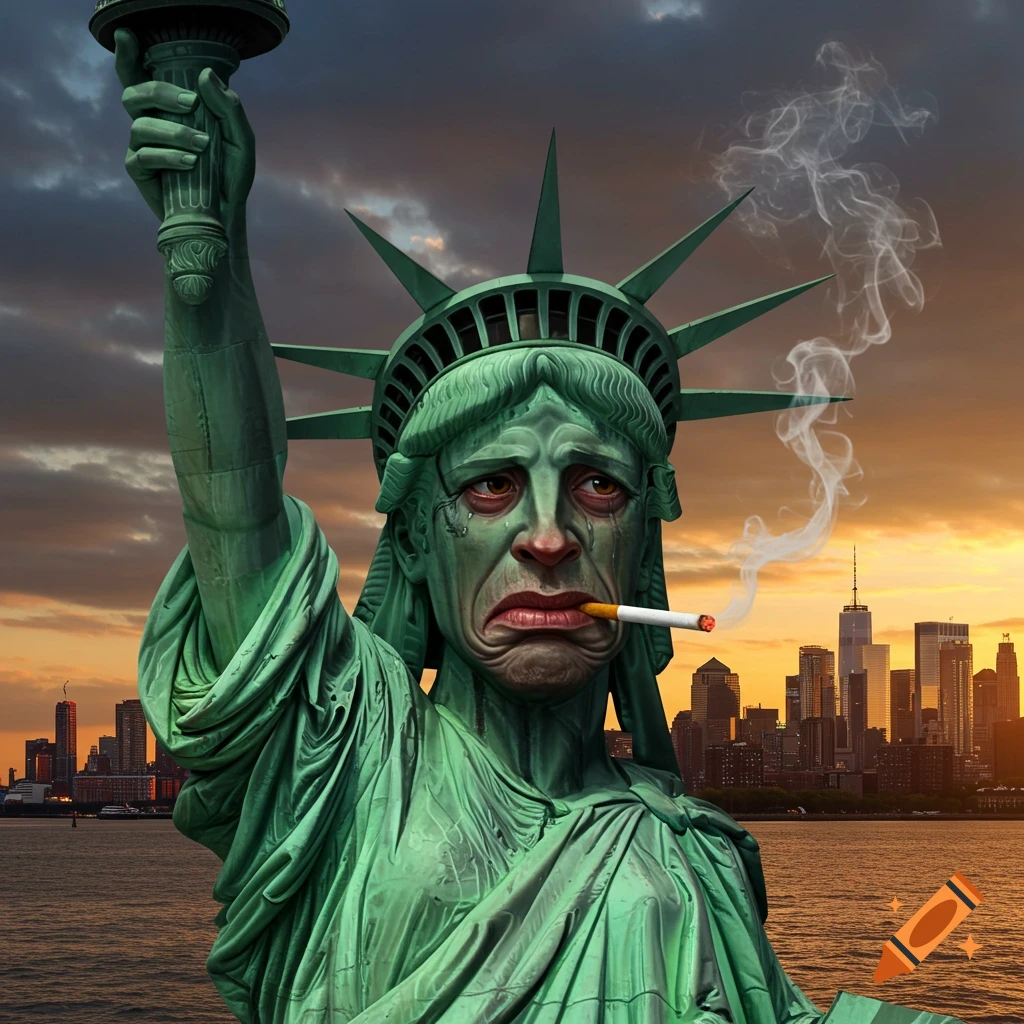 Crying Statue of Liberty smoking a cigarette with NYC skyline at sunset