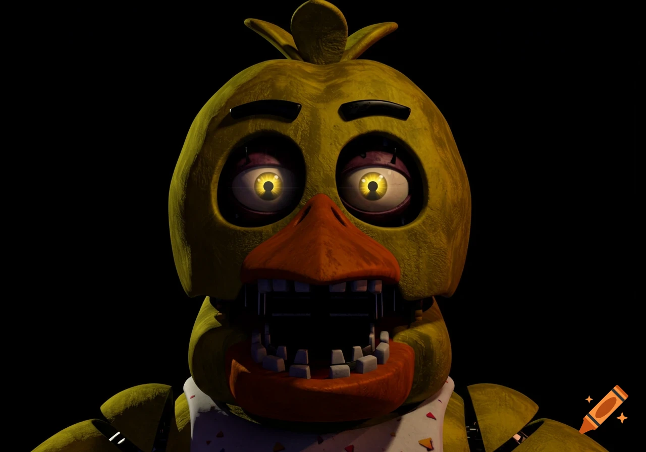 Close-up portrait of Chica from Five Nights at Freddy's, looking forward with wide eyes and open mouth on a black background.