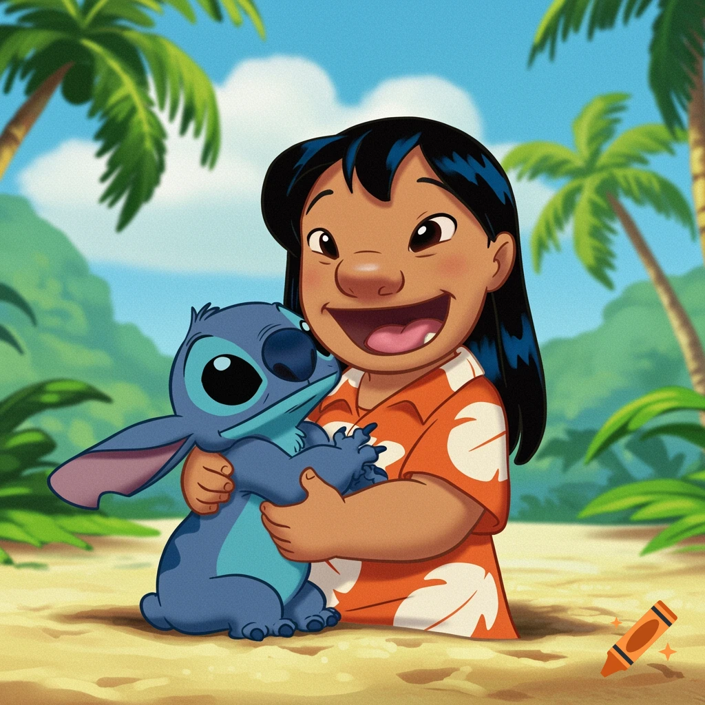 Lilo hugs Stitch on a sandy beach with palm trees.