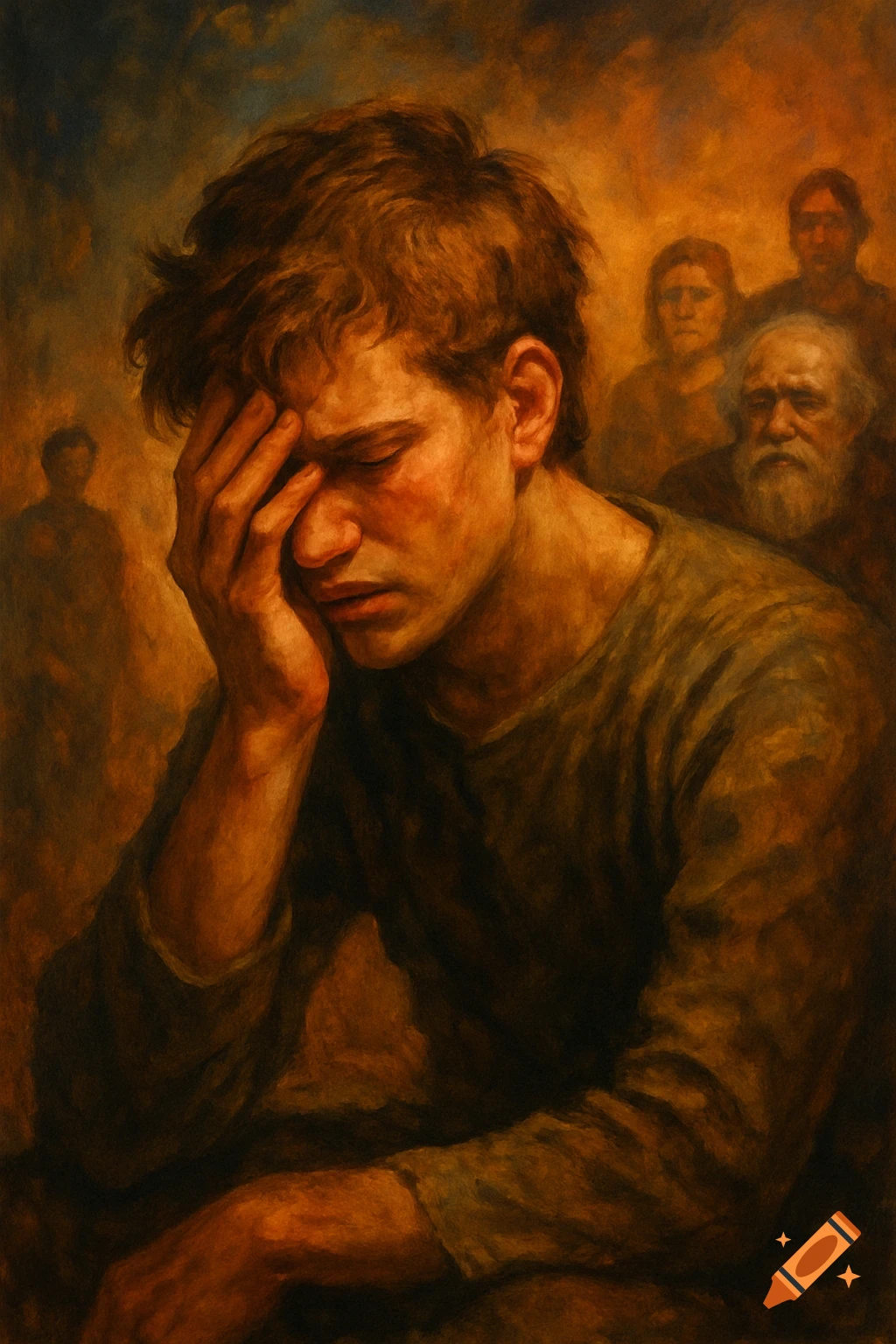 Painting of a distressed young man holding his head with blurry figures in the background.