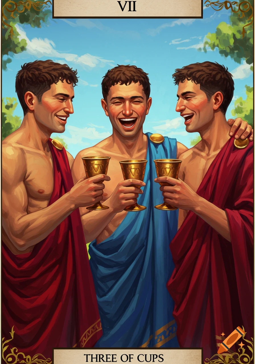 Three men in Roman robes smile and hold up cups, in the style of a tarot card.