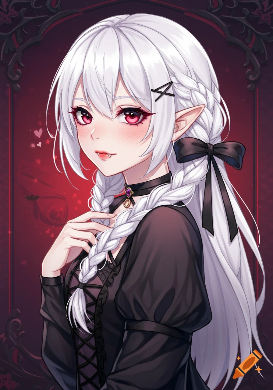 Anime portrait of a white-haired girl with red eyes, fangs, and pointed ears, wearing a black dress and choker.