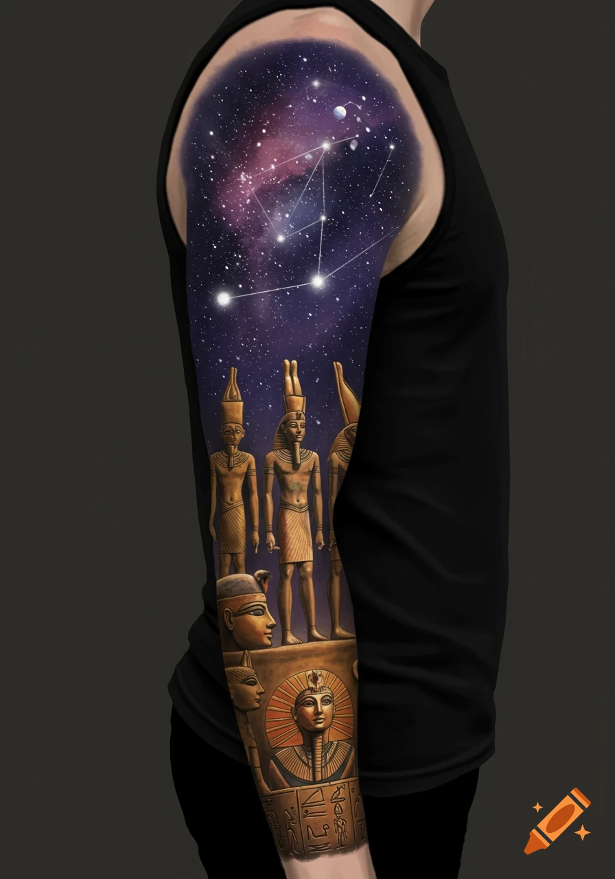 Tattoo sleeve featuring Egyptian statues, hieroglyphs, and a constellation under a starry night sky.