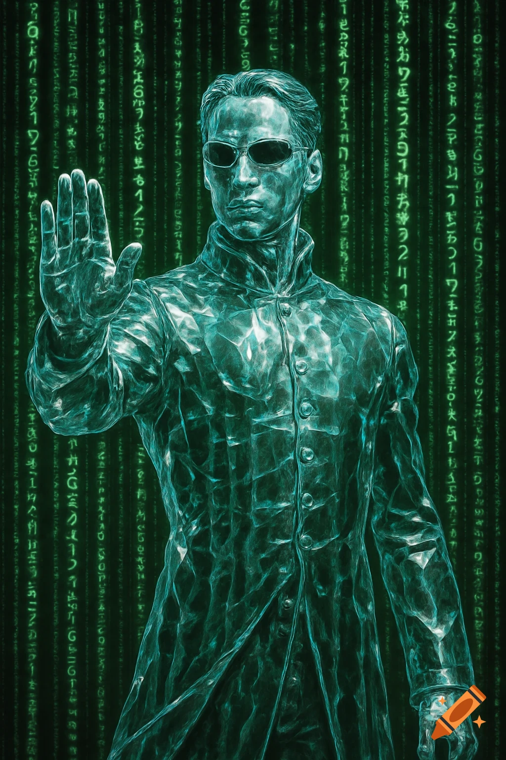 Transparent glass statue of Neo from The Matrix against a Matrix code background.