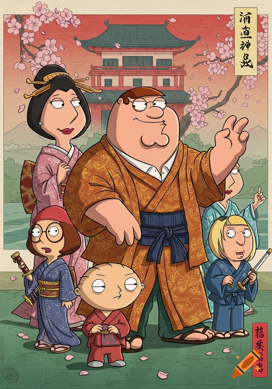 Family Guy characters dressed in traditional Japanese clothing stand in front of a temple with cherry blossoms in Ukiyo-e style.