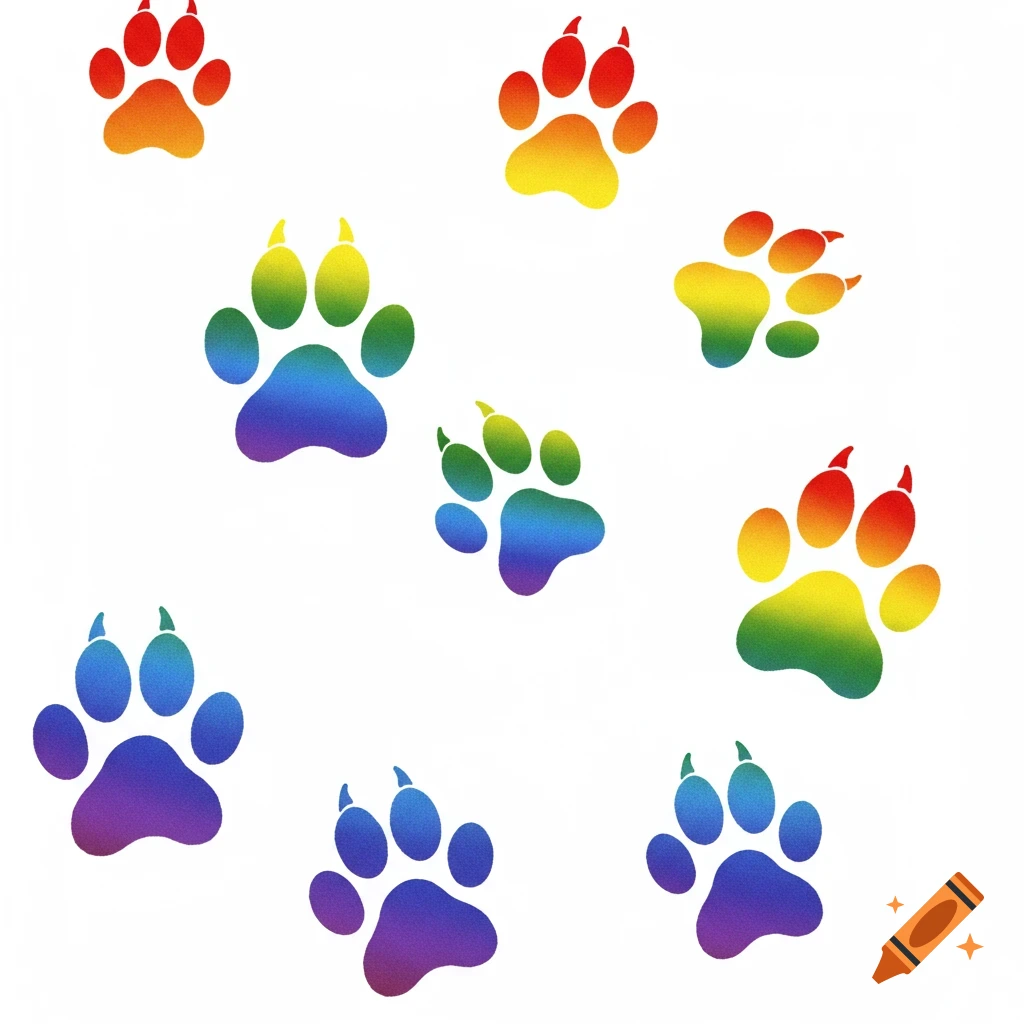 Rainbow colored paw prints scattered across a white background.