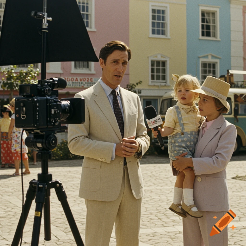 A man in a suit is interviewed by a child with a microphone, held by another child, in a street scene with pastel buildings in Wes Anderson style.