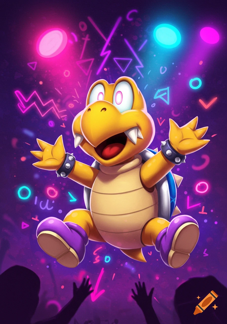 A Koopa Troopa character from Nintendo jumping excitedly at a vibrant rave with neon lights.