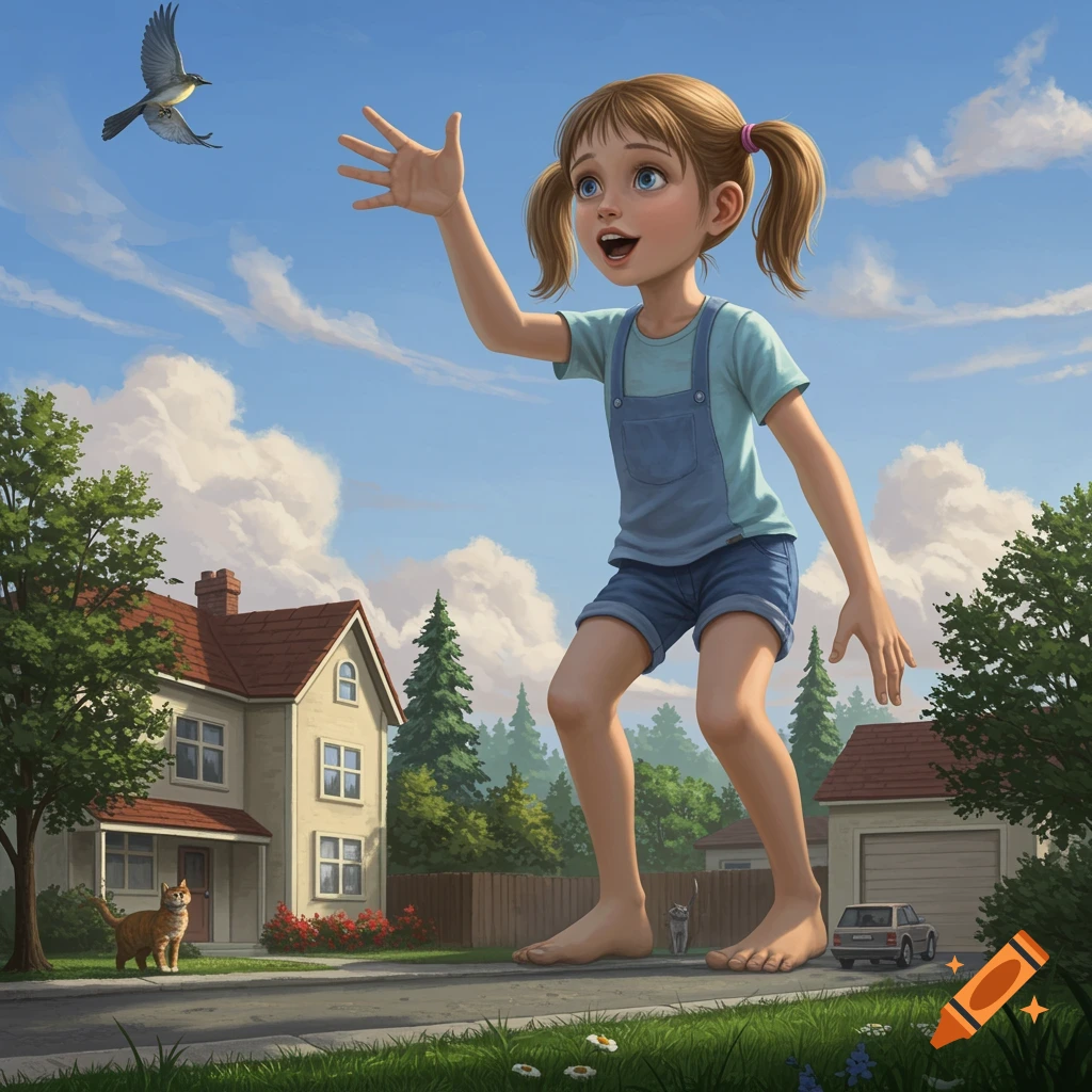 Giant girl reaching for a bird in a suburban neighborhood illustration.