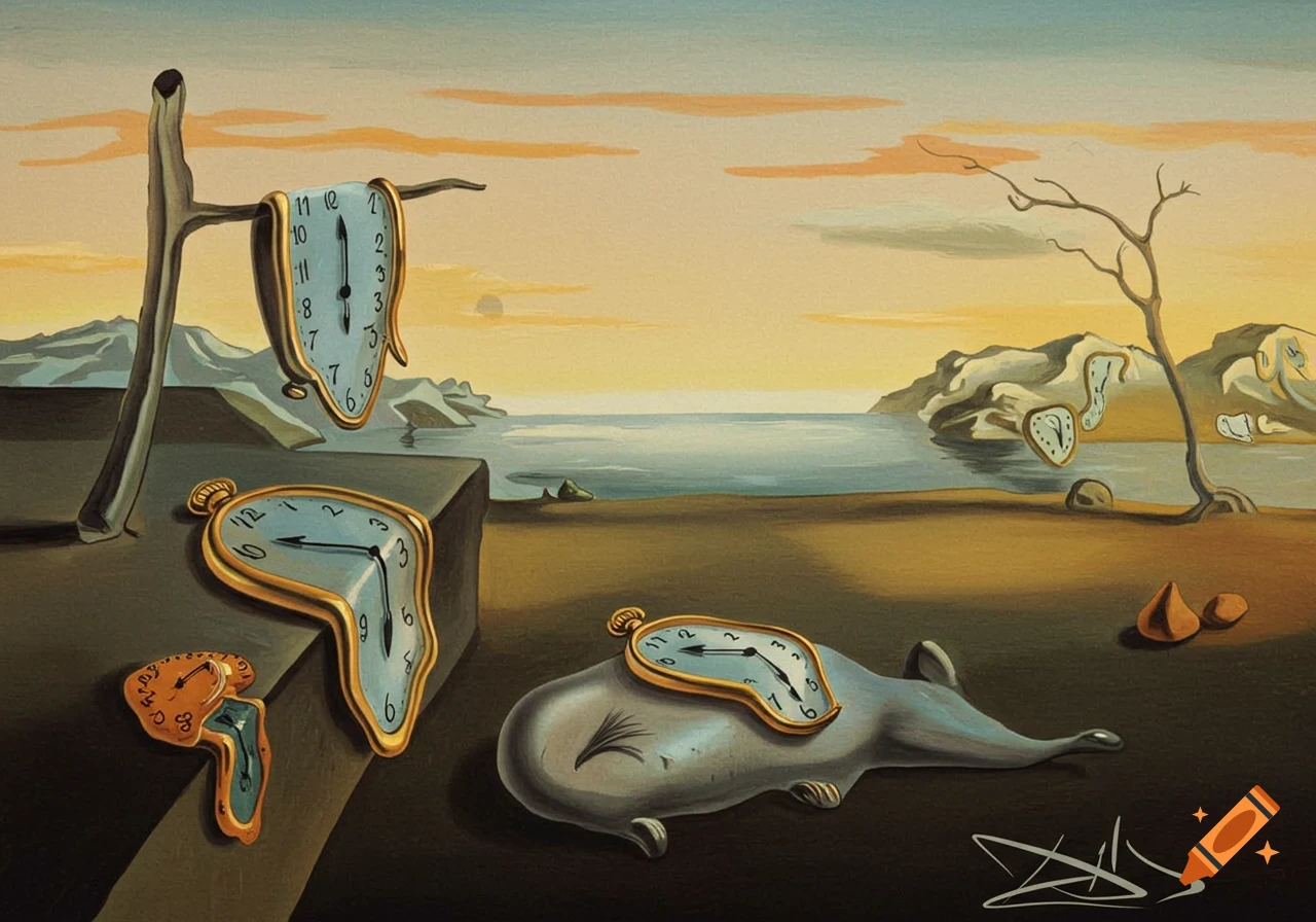Surreal landscape painting with melting clocks in the style of Salvador ...