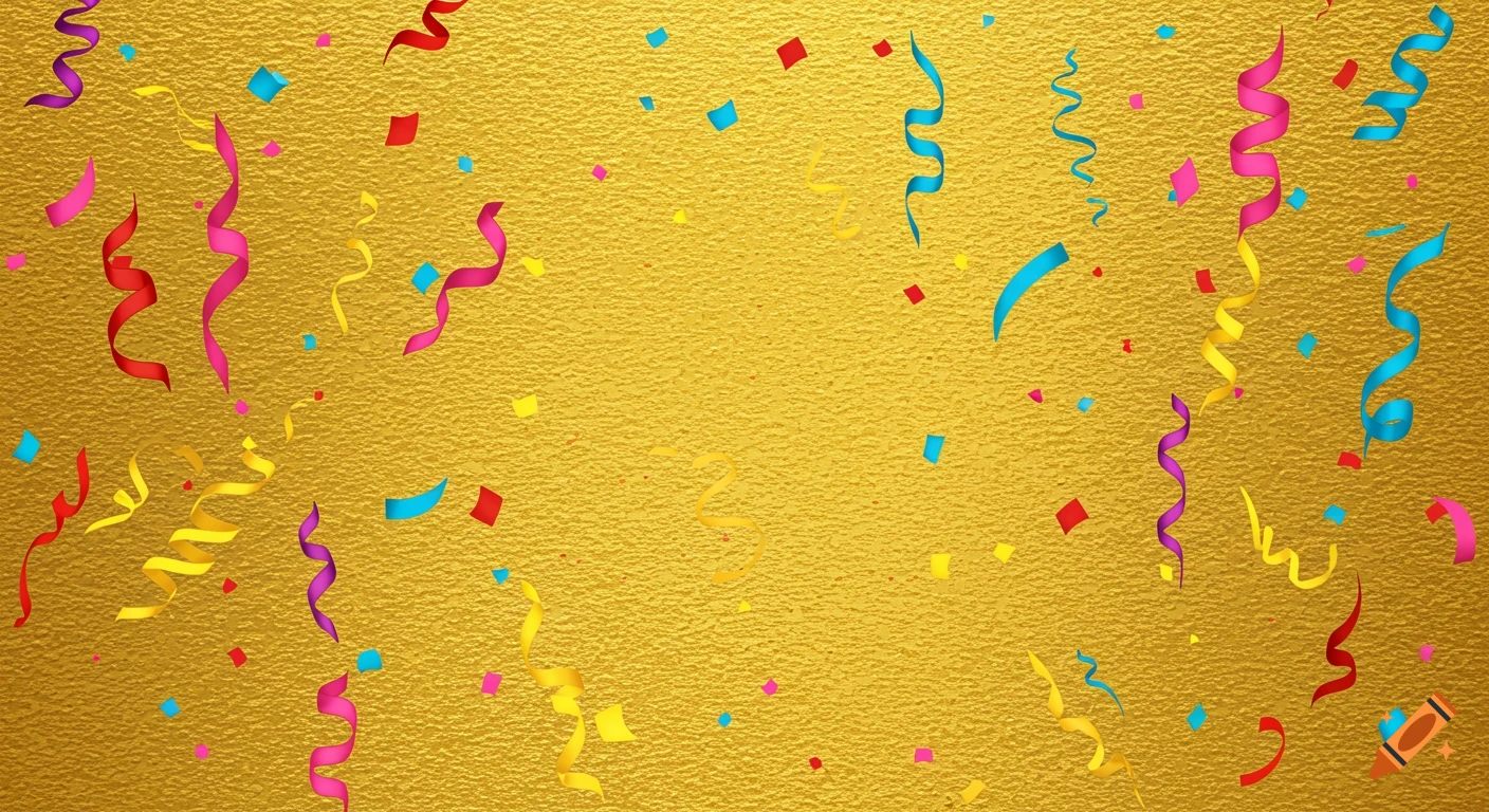 Colorful confetti and streamers falling on a textured gold background